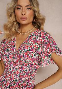 Renee - Różowa Kwiecista Sukienka z Wiskozy z Trójkątnym Dekoltem i Gumką w Talii Tereria. Kolor: biały. Materiał: wiskoza. Sezon: lato #4