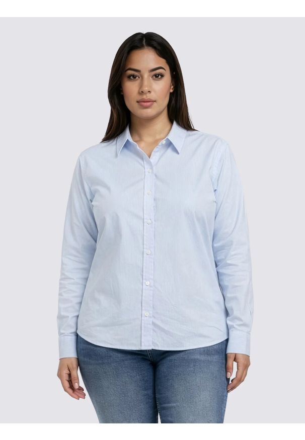 Big-Star - Koszula damska w paski niebieska Goplo 400. Okazja: na co dzień, do pracy. Typ kołnierza: kołnierzyk klasyczny. Kolor: niebieski. Materiał: tkanina, bawełna. Wzór: paski. Styl: casual, elegancki, klasyczny