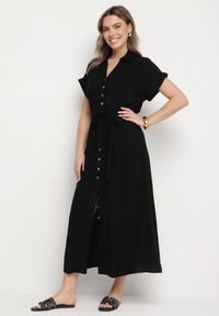 Born2be - Czarna Sukienka Koszulowa z Wiskozy i Lnu Wiązana w Talii z Kieszeniami Efrasira. Okazja: na co dzień. Kolor: czarny. Materiał: wiskoza, len. Typ sukienki: koszulowe. Styl: elegancki, casual #1