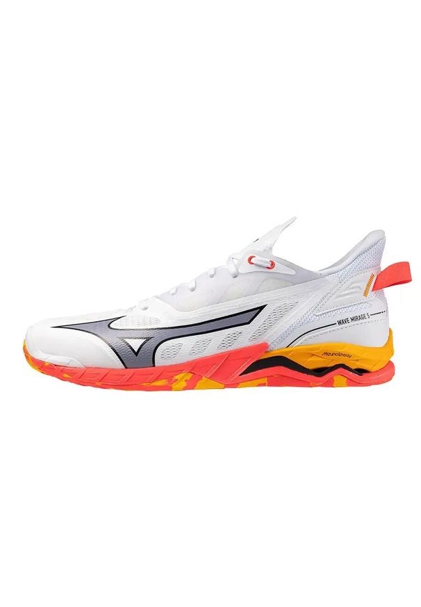 Buty halowe Mizuno Wave Mirage 5. Kolor: żółty, pomarańczowy, biały, wielokolorowy. Model: Mizuno Wave. Sport: piłka ręczna