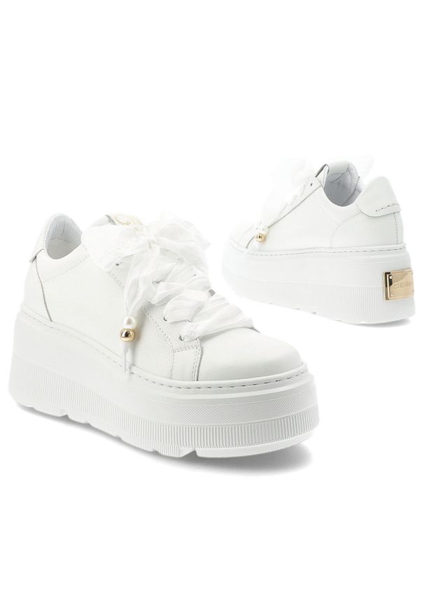 CheBello - Sneakersy damskie Chebello, model na podwyższonej platformie z cholewką ze skóry naturalnej, wiązany szerokimi tasiemkami, z masywną podeszwą o wyraź. Okazja: na co dzień. Kolor: biały. Materiał: skóra. Szerokość cholewki: normalna. Wzór: grochy. Obcas: na platformie. Styl: casual, elegancki, sportowy, klasyczny