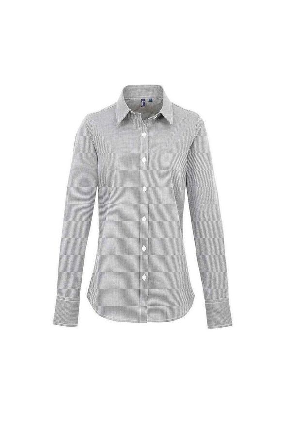 PREMIER - Damska Bawełniana Koszula Z Długim Rękawem W Kratkę Micro Gingham. Okazja: na co dzień. Kolor: czarny, wielokolorowy, biały. Materiał: bawełna. Długość rękawa: długi rękaw. Długość: długie. Wzór: kratka. Styl: casual