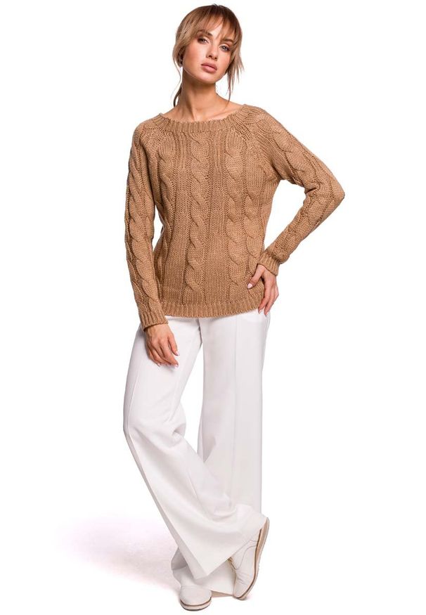 MOE - Uniwersalny Sweter z Warkoczowym Splotem - Beżowy. Kolor: beżowy. Materiał: akryl, poliamid. Wzór: ze splotem
