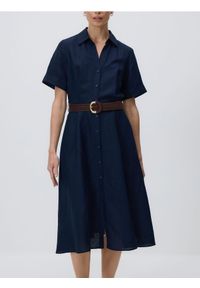 Reserved - Sukienka midi z lnem - granatowy. Kolor: niebieski. Materiał: len. Długość: midi #1
