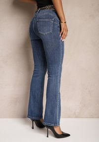Renee - Niebieskie Jeansy Dzwony z Bawełny Ozdobione Paskiem Terilan. Okazja: na co dzień. Kolor: niebieski. Wzór: aplikacja. Styl: retro, elegancki, casual