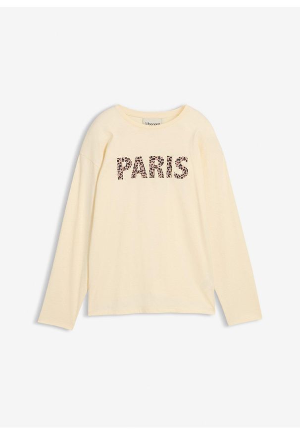 bonprix - Koszulka z długim rękawem z czystej bawełny organicznej. Kolor: beżowy. Materiał: bawełna. Długość rękawa: długi rękaw. Długość: długie. Wzór: nadruk