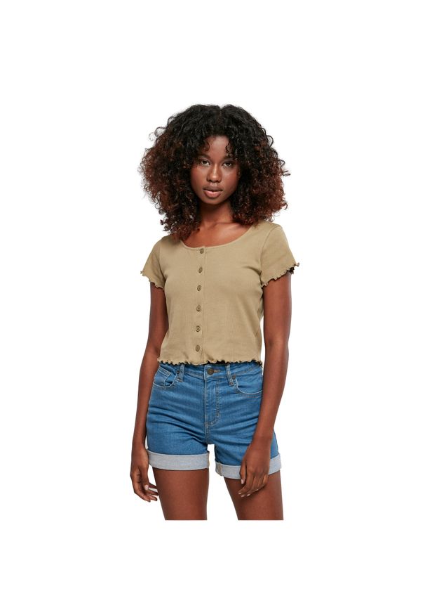 Damska krótka koszulka prążkowana zapinana na guziki Koszulka Urban Classics GT. Kolor: zielony. Materiał: prążkowany. Długość: krótkie