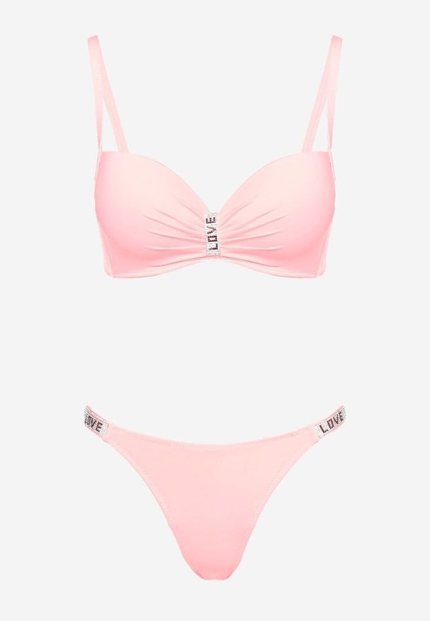 Renee - Jasnoróżowe Bikini z Cyrkoniami i Regulowanymi Ramiączkami Tloen. Kolor: różowy. Wzór: aplikacja