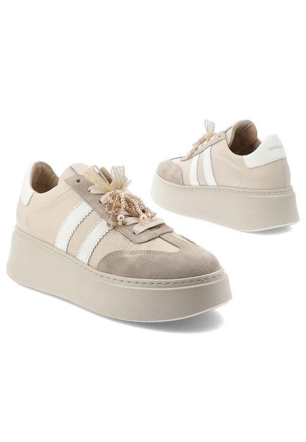 CheBello - Sneakersy damskie Chebello, sportowy fason platformowa podeszwa sznurowanie stabilna konstrukcja miękka wyściółka, beżowe, 4805_-157-431-PSK-S251. Okazja: na co dzień. Zapięcie: sznurówki. Kolor: beżowy. Materiał: jeans, tiul, skóra. Szerokość cholewki: normalna. Wzór: aplikacja. Obcas: na platformie. Styl: sportowy