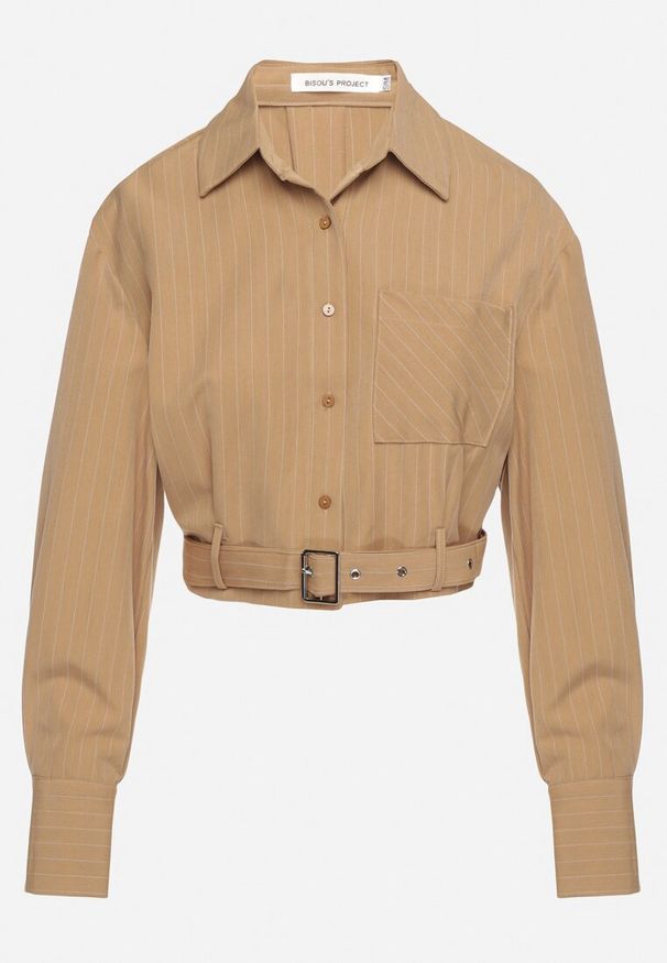 Born2be - Beżowa Krótka Koszula z Ozdobnym Paskiem z Klamrą na Dole Arirti. Kolor: beżowy. Materiał: materiał. Długość: krótkie. Styl: klasyczny