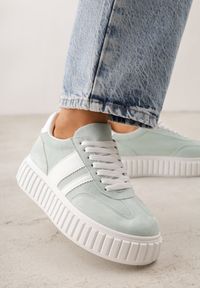 Born2be - Zielone Sneakersy na Grubej Podeszwie z Tłoczeniem i Ozdobnymi Paskami Ralis. Okazja: na co dzień. Zapięcie: pasek. Kolor: zielony. Materiał: jeans, dresówka #5
