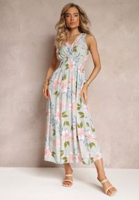 Renee - Jasnozielona Kwiecista Sukienka Maxi z Gumką w Talii i Rozkloszowanym Dołem Lenasa. Kolor: zielony. Materiał: tkanina. Wzór: kwiaty. Sezon: lato, wiosna. Długość: maxi #5