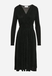 Born2be - Zielona Taliowana Sukienka z Wiskozą o Rozkloszowanym Kroju Zdobiona Metaliczną Nicią Mesinae. Okazja: do pracy, na spotkanie biznesowe. Typ kołnierza: dekolt w kształcie V. Kolor: zielony. Materiał: wiskoza. Długość rękawa: długi rękaw. Wzór: aplikacja. Typ sukienki: rozkloszowane. Styl: wizytowy, glamour, elegancki, biznesowy #5