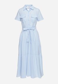 Born2be - Niebieska Sukienka z Bawełny o Koszulowym Kroju z Wiązaniem w Talii Wosofia. Okazja: do pracy. Kolor: niebieski. Materiał: bawełna. Typ sukienki: koszulowe. Styl: elegancki #6