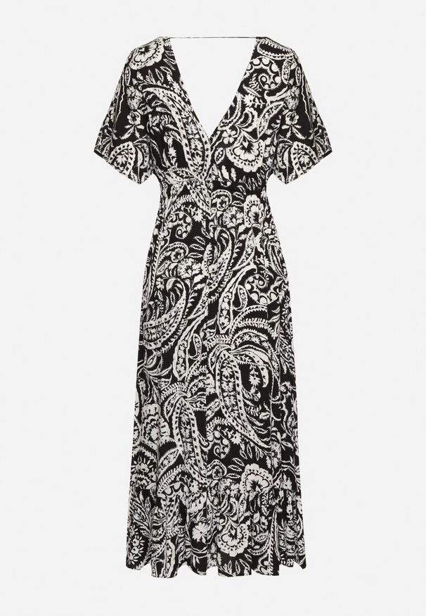 Born2be - Czarna Sukienka W stylu Boho z Gumką w Pasie i Chwostami Wornima. Kolor: czarny. Styl: boho