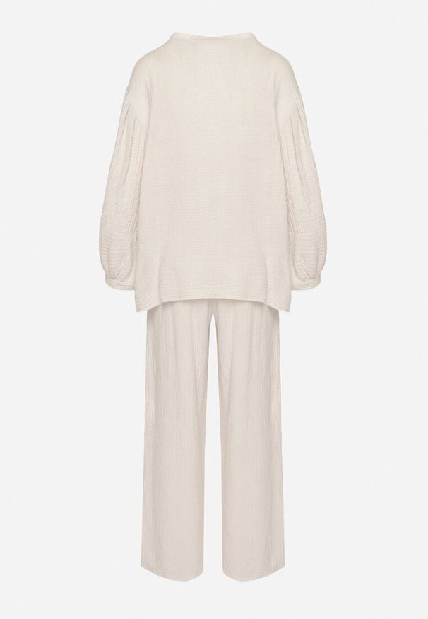 Born2be - Beżowy Muślinowy Komplet z Bawełny o Kroju Oversize Koszula i Szerokie Spodnie Ziselia. Kolor: beżowy. Materiał: bawełna. Wzór: aplikacja