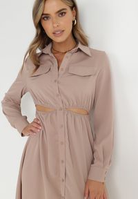 Born2be - Beżowa Sukienka Koszulowa Pildia. Okazja: na co dzień. Kolor: beżowy. Materiał: tkanina. Długość rękawa: długi rękaw. Typ sukienki: koszulowe. Styl: casual, elegancki. Długość: midi #6