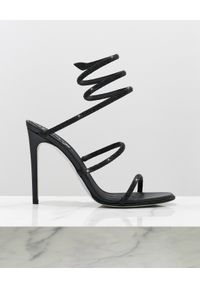 RENE CAOVILLA - Czarne sandały na szpilce Cleo. Nosek buta: okrągły. Zapięcie: pasek. Kolor: czarny. Materiał: satyna. Wzór: aplikacja, paski. Obcas: na szpilce. Styl: elegancki. Wysokość obcasa: średni #8