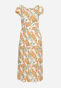 Born2be - Biało-Pomarańczowa Bawełniana Sukienka z Gumką w Pasie Zilletta. Okazja: na co dzień, na randkę. Kolor: biały. Materiał: bawełna. Styl: klasyczny, casual #3