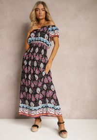 Renee - Czarno-Różowa Sukienka na Lato z Bawełny z Modelującą Gumką w Talii Deorna. Kolor: czarny. Materiał: bawełna. Sezon: lato #1