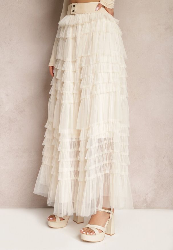 Renee - Beżowa Spódnica z Falbankami Rozkloszowana Maxi z Bawełny Alare. Kolor: beżowy. Materiał: bawełna. Styl: elegancki