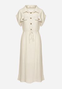 Born2be - Beżowa Wiskozowa Rozkloszowana Sukienka z Gumką w Talii Ozdobiona Guzikami Lemvia. Okazja: na spotkanie biznesowe. Kolor: beżowy. Materiał: wiskoza. Wzór: aplikacja. Typ sukienki: sportowe, rozkloszowane. Styl: sportowy, biznesowy, klasyczny, elegancki #3