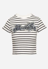 Born2be - Niebiesko-Biały Bawełniany T-shirt w Paski z Jeansową Naszywką i Napisem Velviola. Okazja: na co dzień, na spacer. Kolor: niebieski. Materiał: bawełna, jeans. Wzór: paski, aplikacja, napisy. Styl: casual, elegancki #4