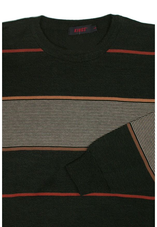 Kings - Sweter Ciemny Oliwkowy, Zielony w Paski, Okrągły Dekolt (U-neck) -KINGS- Męski. Kolor: oliwkowy, wielokolorowy, zielony. Materiał: bawełna, akryl. Wzór: paski. Sezon: zima, jesień. Styl: klasyczny