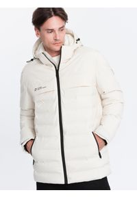 Ombre Clothing - Zimowa kurtka męska z odpinanym kapturem - kremowa V2 - Rozmiar: L. Kolor: kremowy. Materiał: poliester, polar. Sezon: zima #11