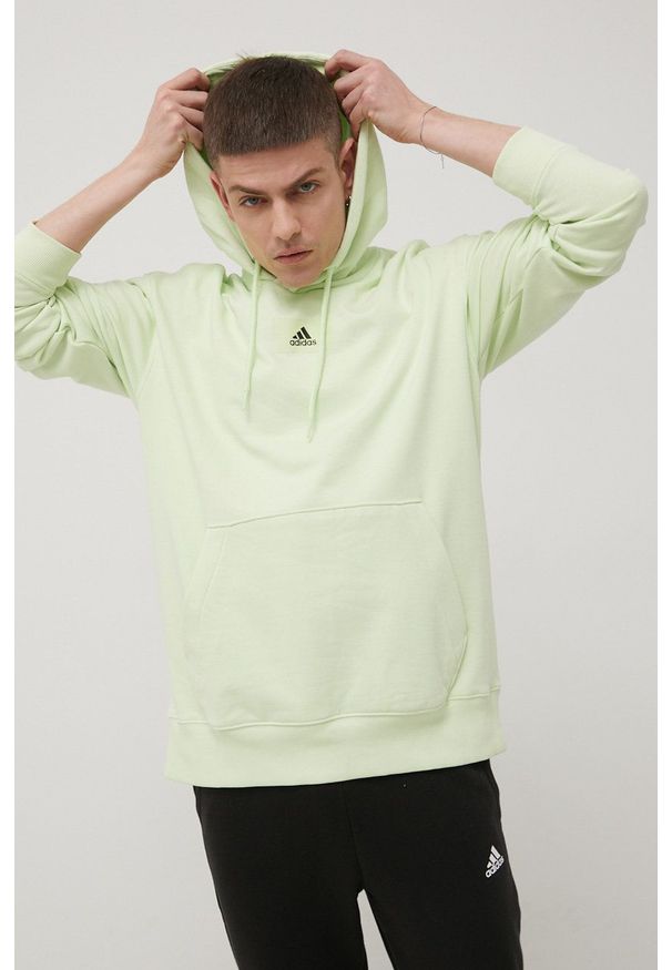 Adidas - adidas bluza bawełniana męska kolor zielony z kapturem gładka. Typ kołnierza: kaptur. Kolor: zielony. Materiał: bawełna. Wzór: gładki