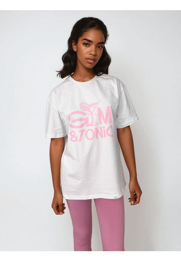 BESHAPED - Biały T-shirt Damski - Gym & Tonic BeShaped. Kolor: różowy. Materiał: bawełna
