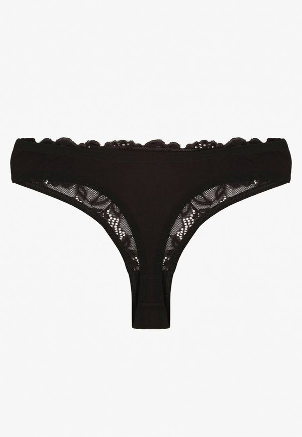 Renee - Czarne Bawełniane Majtki Stringi z Koronką Ilwedana. Kolor: czarny. Materiał: bawełna, koronka. Wzór: koronka