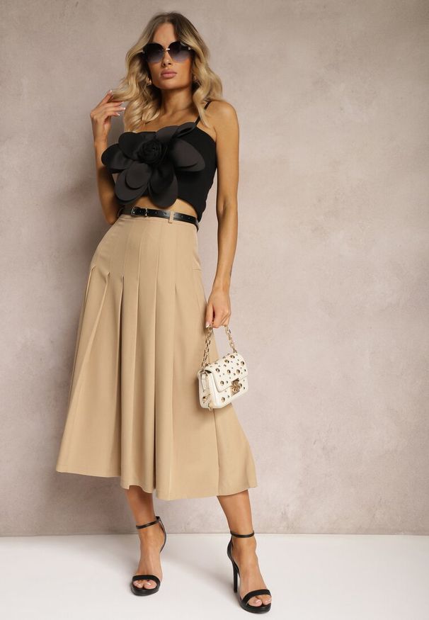 Renee - Beżowa Spódnica High Waist o Plisowanym Kroju z Paskiem w Talii Xeviana. Stan: podwyższony. Kolor: beżowy. Styl: elegancki