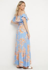 Born2be - Niebieska Sukienka Hiszpanka o Rozkloszowanym Kroju z Wiązanym Paskiem Sesiniela. Okazja: na co dzień. Typ kołnierza: dekolt hiszpanka. Kolor: niebieski. Typ sukienki: rozkloszowane. Styl: casual, elegancki #6