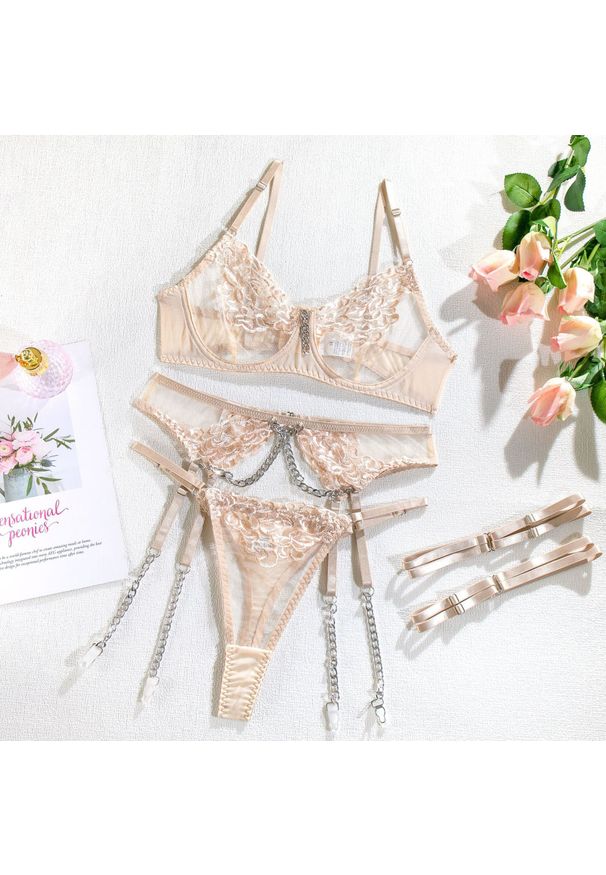 Intica - Komplet bielizny z łańcuszkami na romantyczne wieczory Enrichetta. Kolor: beżowy. Materiał: materiał