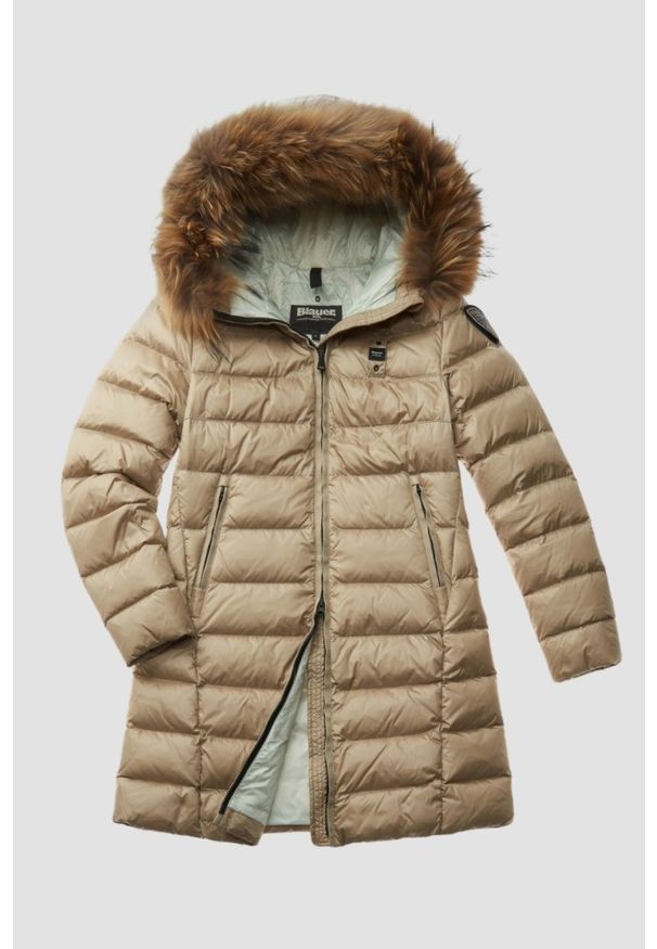 Blauer USA - BLAUER Beżowa damska kurtka Kristin Raincoat Long Jackets, Rozmiar XL. Kolor: beżowy. Materiał: poliamid, puch. Długość rękawa: długi rękaw. Długość: długie