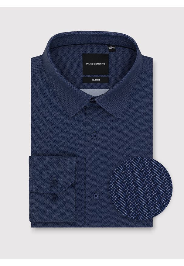 Pako Lorente - PAKO LORENTE – Granatowa dzianinowa koszula w jodełkę. Typ kołnierza: kołnierzyk klasyczny. Kolor: niebieski. Materiał: dzianina. Długość rękawa: długi rękaw. Długość: długie. Wzór: jodełka. Styl: klasyczny