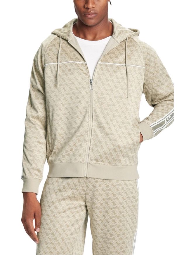 Guess - GUESS Zielona rozpinana męska bluza w monogram z lampasami i kapturem Parimo 4G, Rozmiar S. Okazja: na co dzień. Kolor: zielony. Styl: casual, sportowy, elegancki
