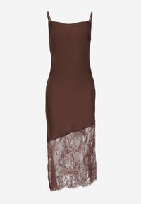 Born2be - Brązowa Koktajlowa Sukienka z Satyny Ozdobiona Koronką Palinca. Okazja: na co dzień, na imprezę. Kolor: brązowy. Materiał: satyna, koronka. Długość rękawa: na ramiączkach. Wzór: aplikacja, koronka. Styl: wizytowy #3