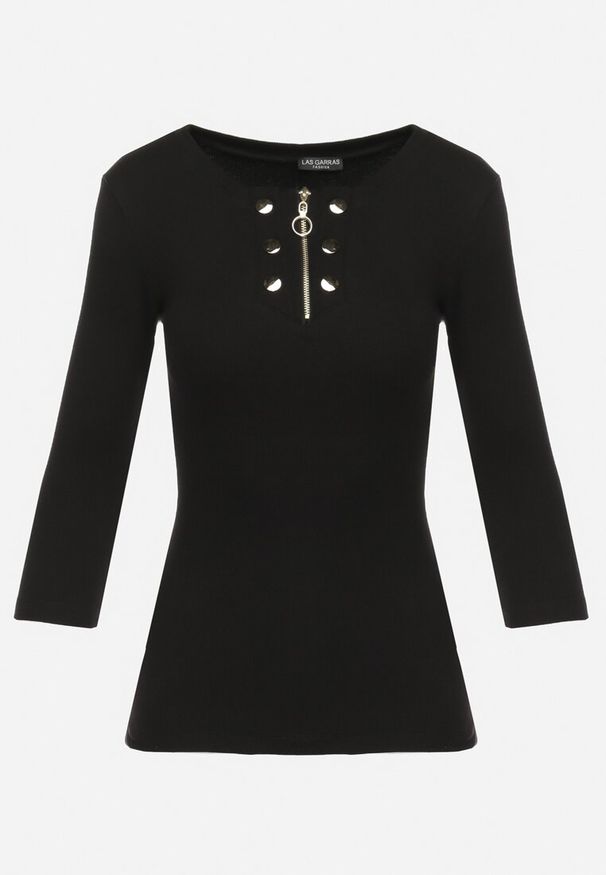 Born2be - Czarna Bawełniana Bluzka z Prążkowanej Dzianiny Zapinana na Suwak przy Dekolcie Hlavaria. Kolor: czarny. Materiał: prążkowany, dzianina, bawełna