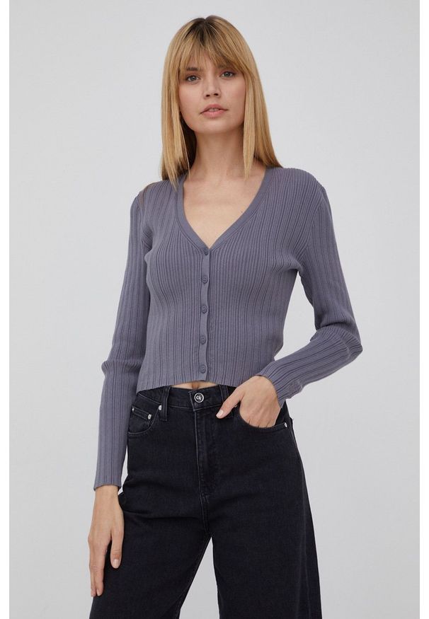 Calvin Klein Jeans kardigan damski kolor szary lekki. Kolor: szary. Materiał: materiał, dzianina. Długość rękawa: długi rękaw. Długość: długie