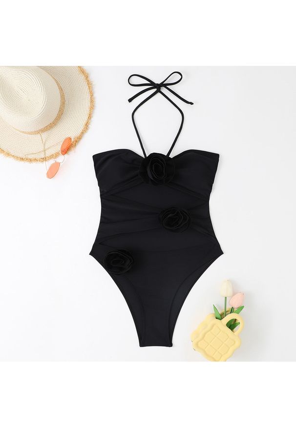 Intica - Strój kąpielowy z kwiatami 3D regulowane ramiączka lato Richarda. Kolor: czarny. Materiał: materiał. Długość: długie. Wzór: kwiaty