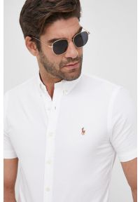 Polo Ralph Lauren koszula bawełniana męska kolor biały slim z kołnierzykiem button-down. Typ kołnierza: polo, button down. Kolor: biały. Materiał: bawełna. Długość rękawa: krótki rękaw. Długość: krótkie