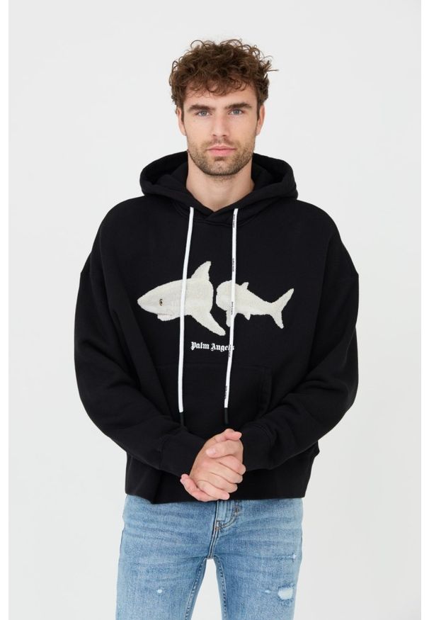 PALM ANGELS Czarna męska bluza z kapturem White Shark Hoody, Rozmiar S. Typ kołnierza: kaptur. Kolor: czarny