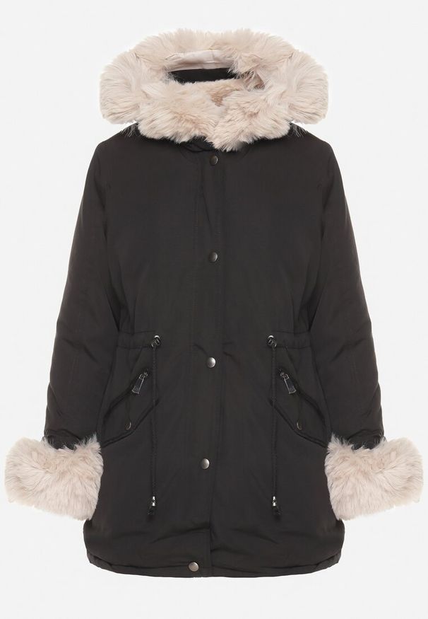 Born2be - Czarno-Beżowa Kurtka Parka z Kapturem i Wstawkami z Futerka Caranze. Okazja: na co dzień. Typ kołnierza: kaptur. Kolor: czarny. Materiał: futro. Sezon: zima, jesień. Styl: casual