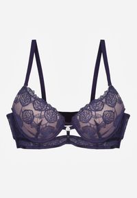 Renee - Granatowo-Różowy Koronkowy Biustonosz w Klasycznym Stylu z Aplikacją Galinassa. Kolor: niebieski. Materiał: koronka. Wzór: aplikacja #7