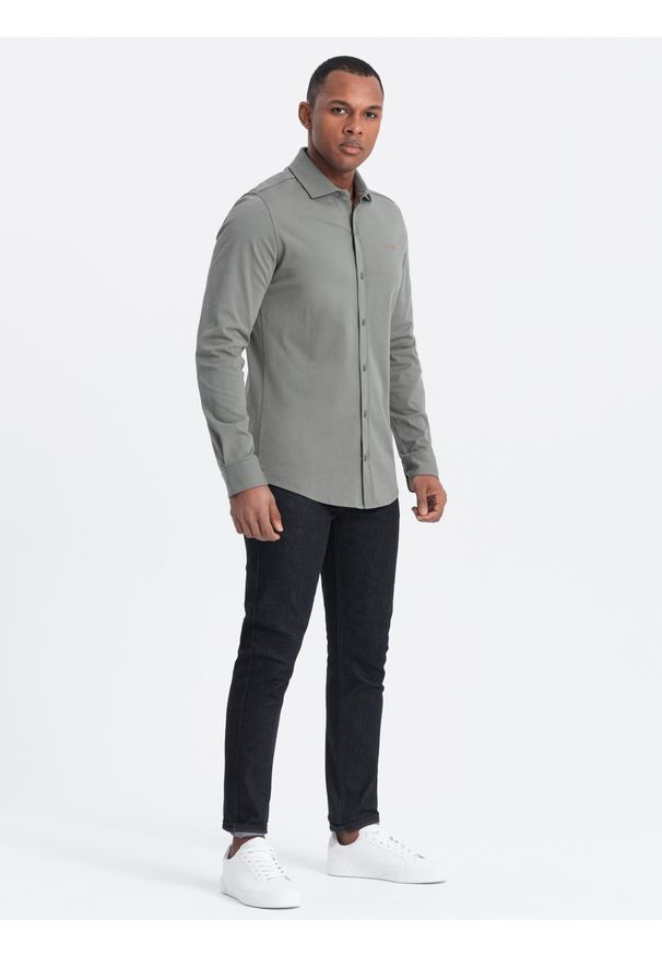 Ombre Clothing - Bawełniana męska koszula REGULAR z dzianiny single jersey - jasny khaki V4. Kolor: brązowy. Materiał: bawełna, jersey, dzianina. Wzór: haft, kolorowy
