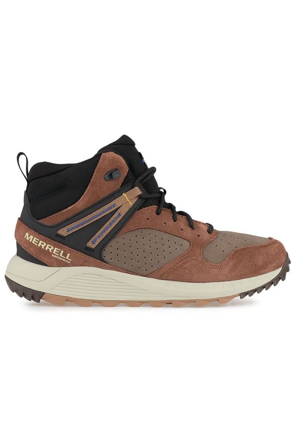 Buty Merrell Wildwood Sneaker Boot Mid WP J067299 - brązowe. Zapięcie: sznurówki. Kolor: brązowy. Materiał: syntetyk, materiał, guma, zamsz, skóra. Szerokość cholewki: normalna. Sezon: zima