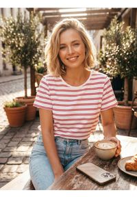 Sinsay - Bawełniana koszulka w paski - czerwony. Kolor: czerwony. Materiał: bawełna. Wzór: paski