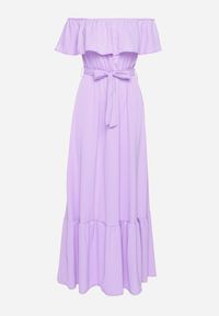 Born2be - Fioletowa Sukienka o Rozkloszowanym Fasonie z Hiszpańskim Dekoltem i Materiałowym Paskiem Nacara. Okazja: na co dzień. Kolor: fioletowy. Materiał: materiał. Długość rękawa: krótki rękaw. Sezon: lato. Typ sukienki: proste. Styl: casual #7